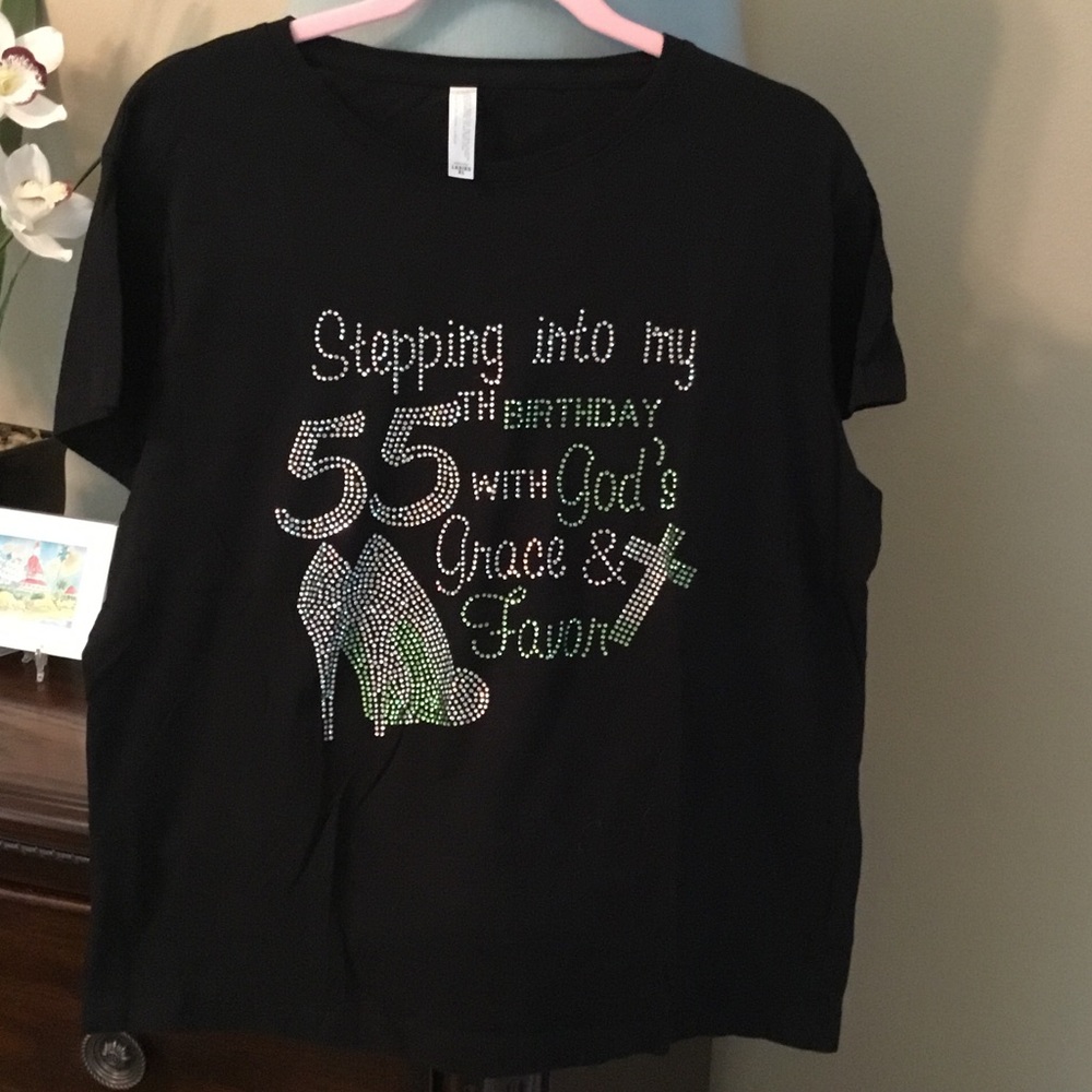 Women’s Black Rhinestone Graphic Tee - 'Stepping into My 55th Birthday'